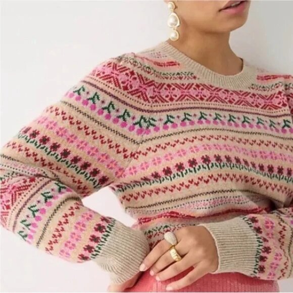 J. CREW Puff-Sleeve Fair Isle Crewneck Sweater Cherry Print Tan Pink Sz Large - Picture 2 of 12
